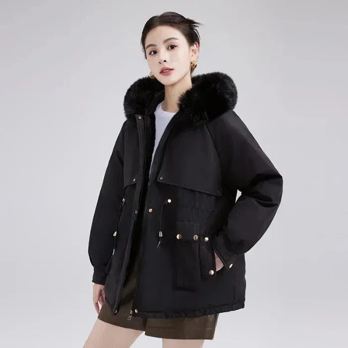 Winter New Fleece-lined Cotton Coat Women's Petite Waist-fitted Thickened Warm Big Collar Jacket Trendy Parkas