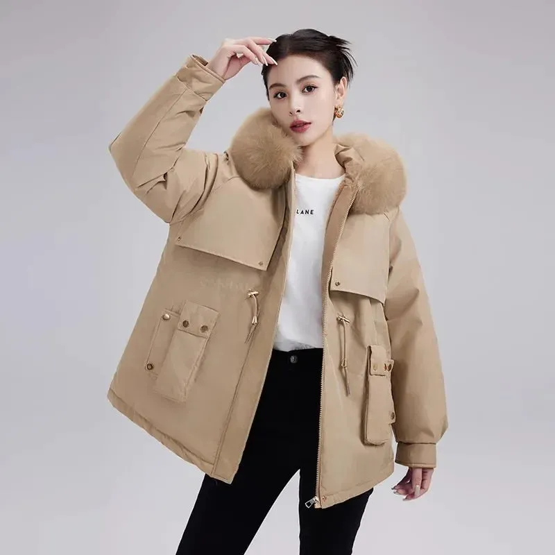 Winter New Fleece-lined Cotton Coat Women's Petite Waist-fitted Thickened Warm Big Collar Jacket Trendy Parkas