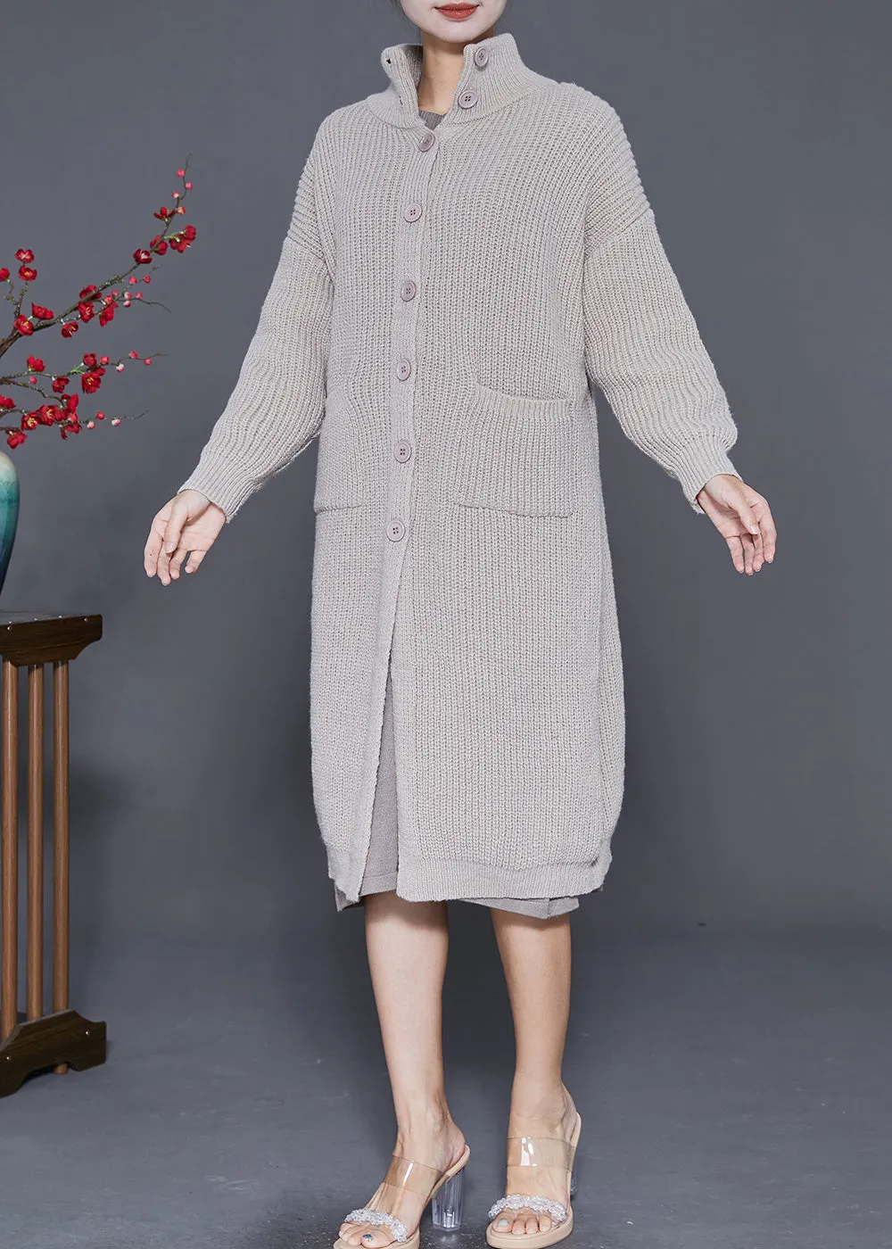 Women Light Grey Button Down Warm Knit Coats Fall