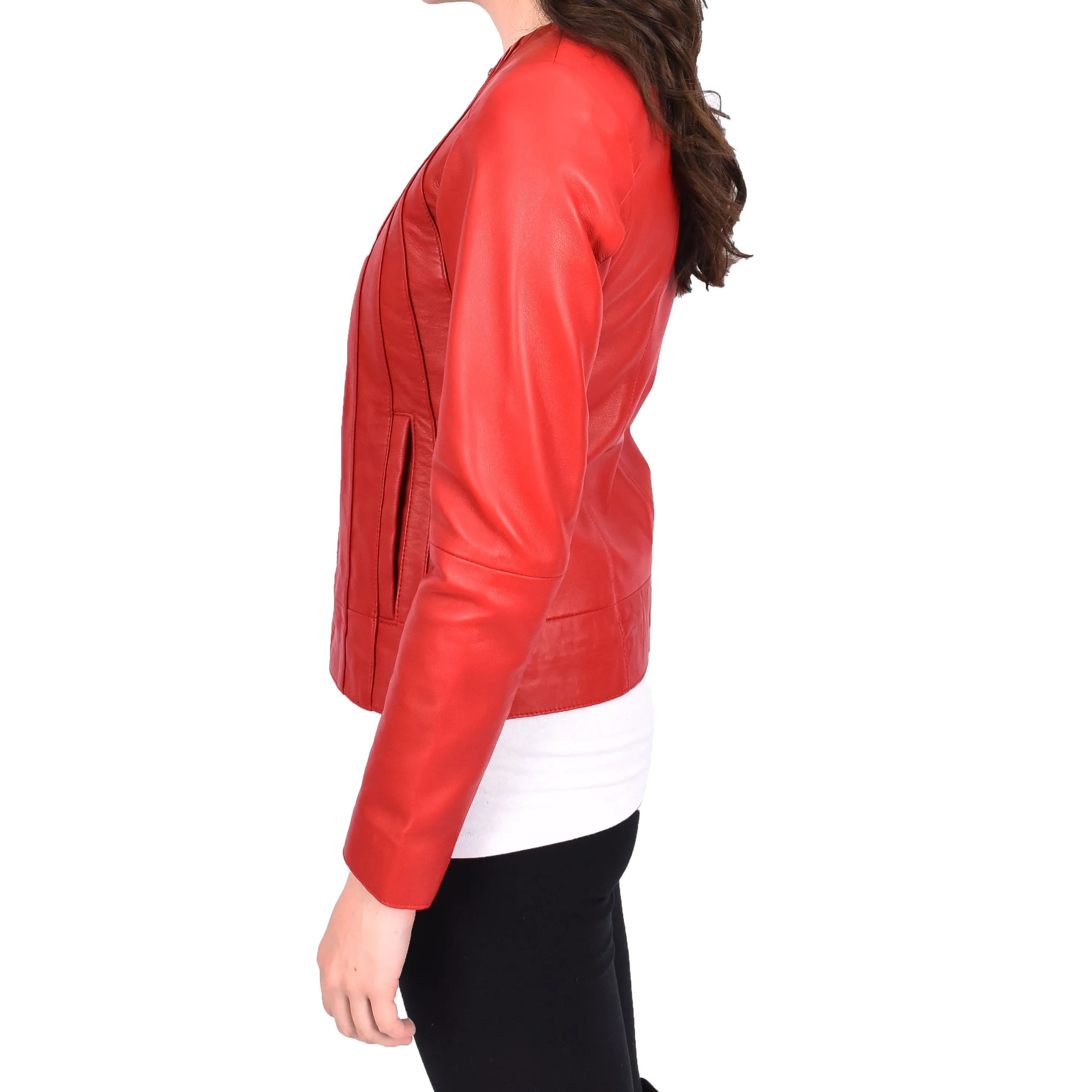 Womens Real Red Leather Jacket Collarless Round Neckline Casual Fitted Zip Fasten Biker Style Melody