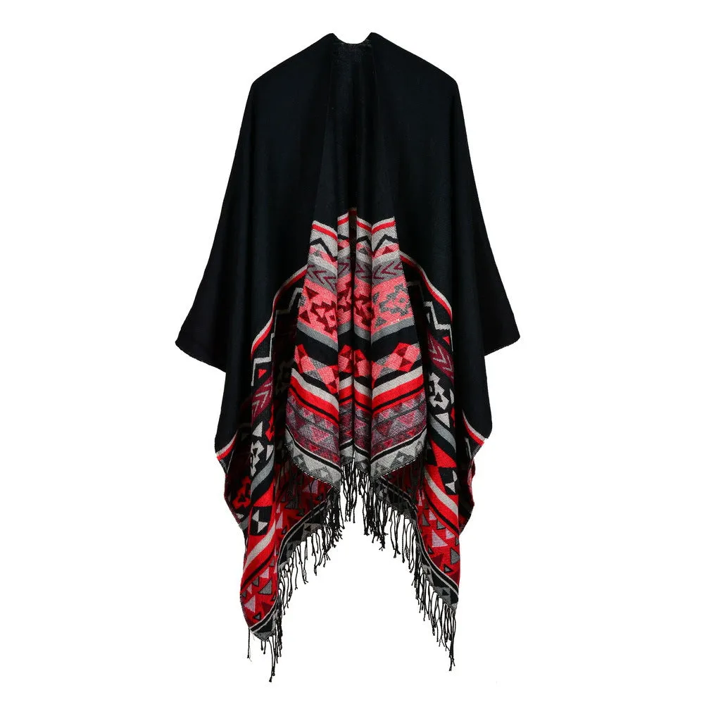 Women's rhombus tassel lengthened imitation cashmere shawl front and back can be thickened cloak