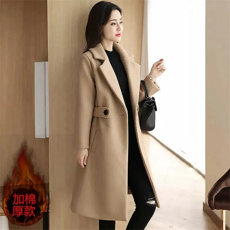 Womens Woollen Windbreaker Winter Slim Long Thick Solid Casual Wool Coat