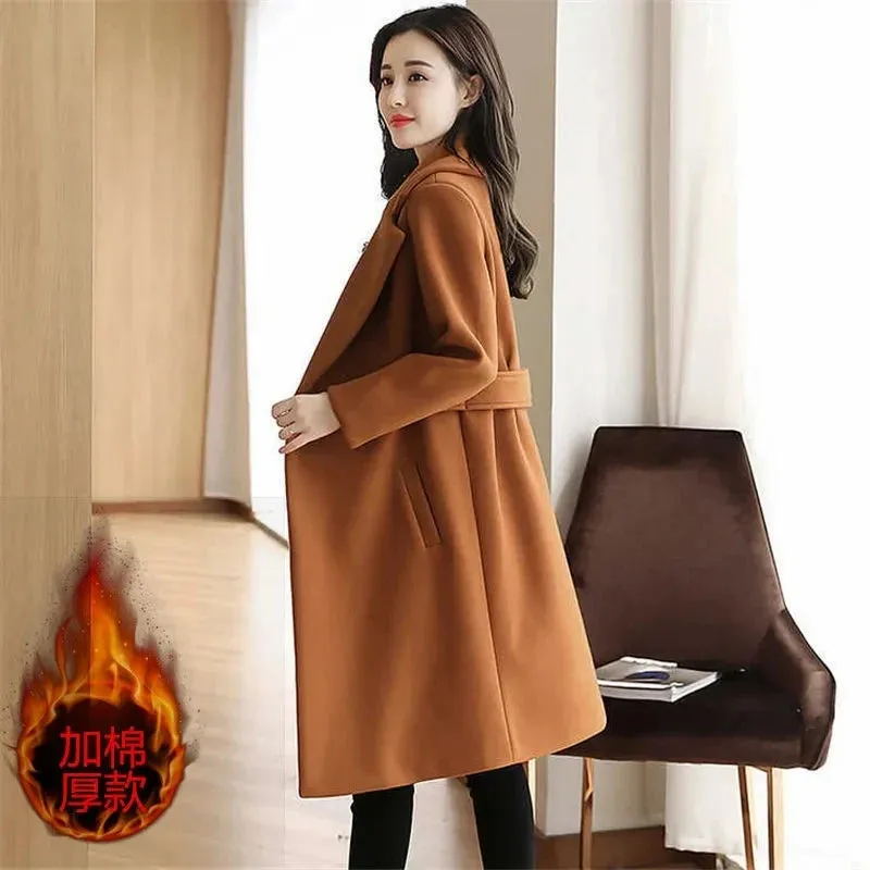 Womens Woollen Windbreaker Winter Slim Long Thick Solid Casual Wool Coat