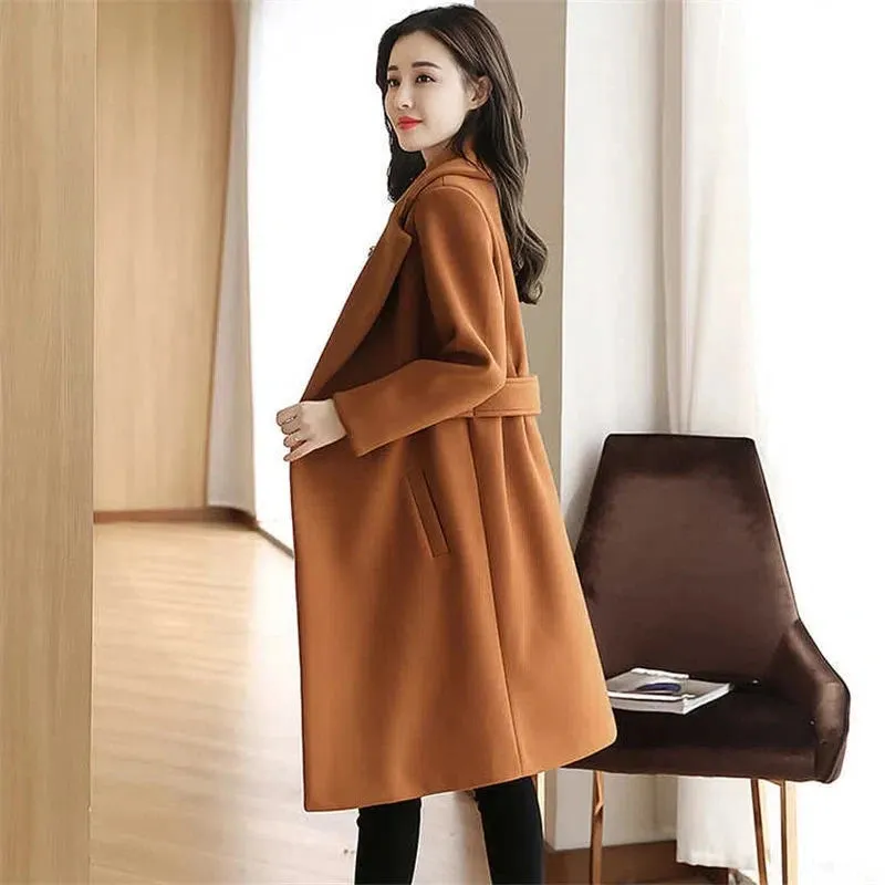 Womens Woollen Windbreaker Winter Slim Long Thick Solid Casual Wool Coat