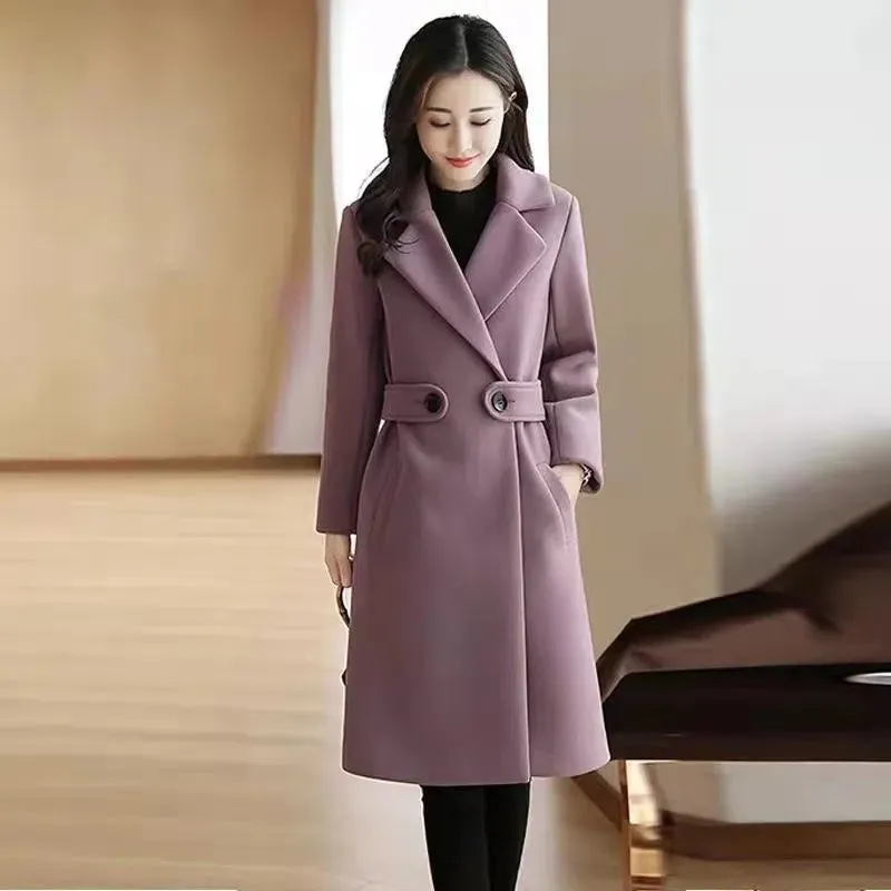 Womens Woollen Windbreaker Winter Slim Long Thick Solid Casual Wool Coat